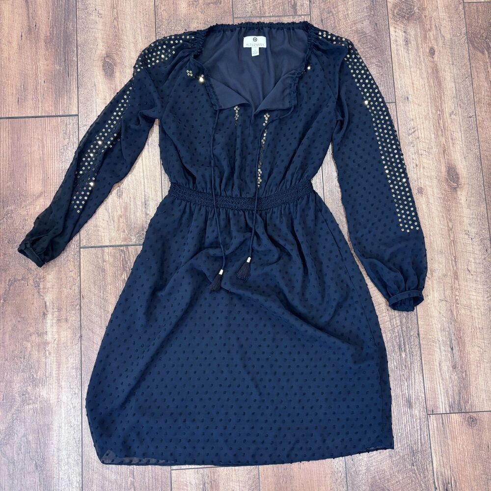 Altuzarra Long Sleeve Boho Beaded Black Sequined Swiss-Dot Chiffon Dress Size 6 - Picture 3 of 8